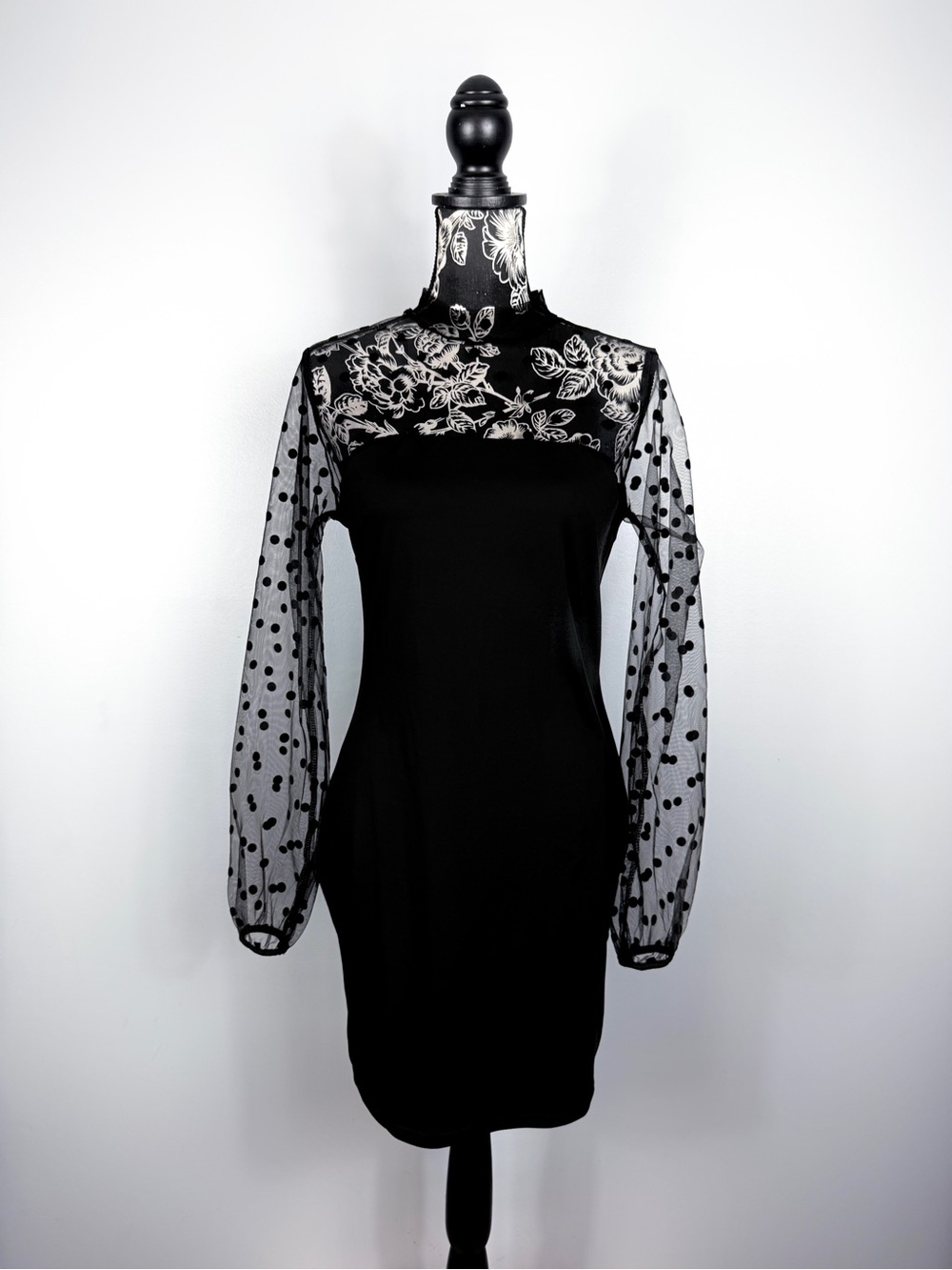NWT Emery Rose black polka dot mesh puff sleeve bodycon dress size large